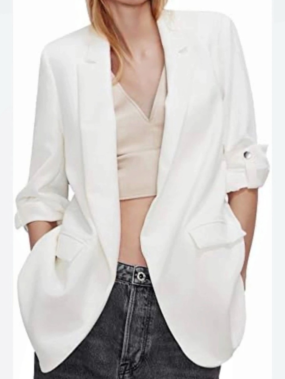 Zara Blazer With Rolled-Up Sleeves White Size Small